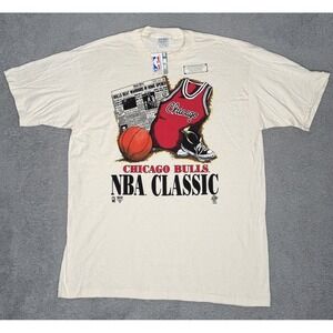 Rare VTG Chicago Bulls‎ Beat Warriors In Home Opener Newspaper NBA T-Shirt Sz XL